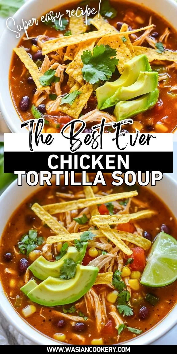 Bowl of delicious Chicken Tortilla Soup with toppings