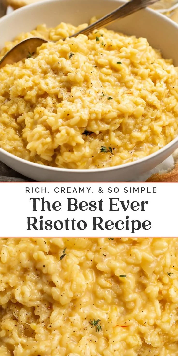A bowl of creamy risotto garnished with fresh herbs and parmesan cheese.