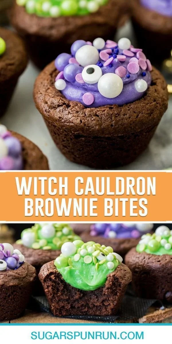Witch Cauldron Brownie Bites displayed on a Halloween-themed table