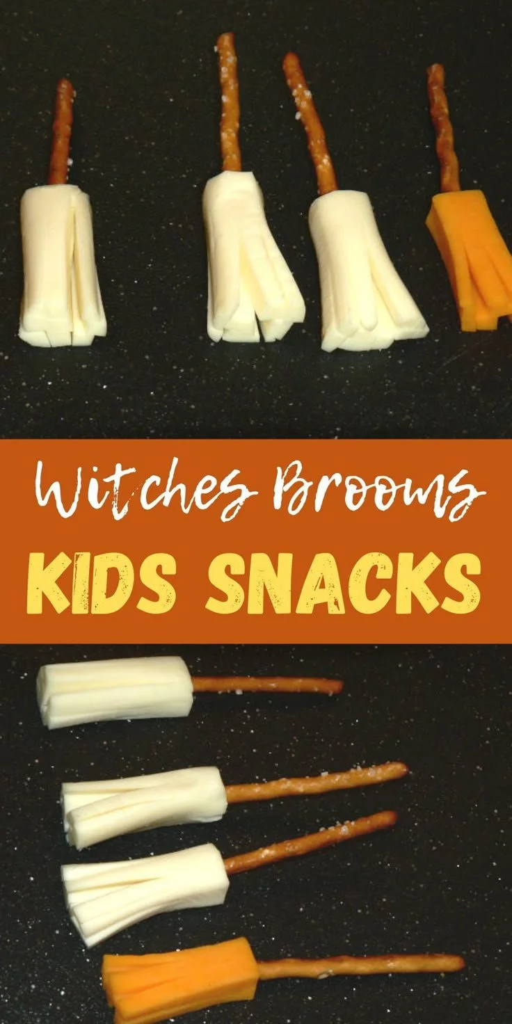 Halloween snacks for kids shaped like witches brooms.