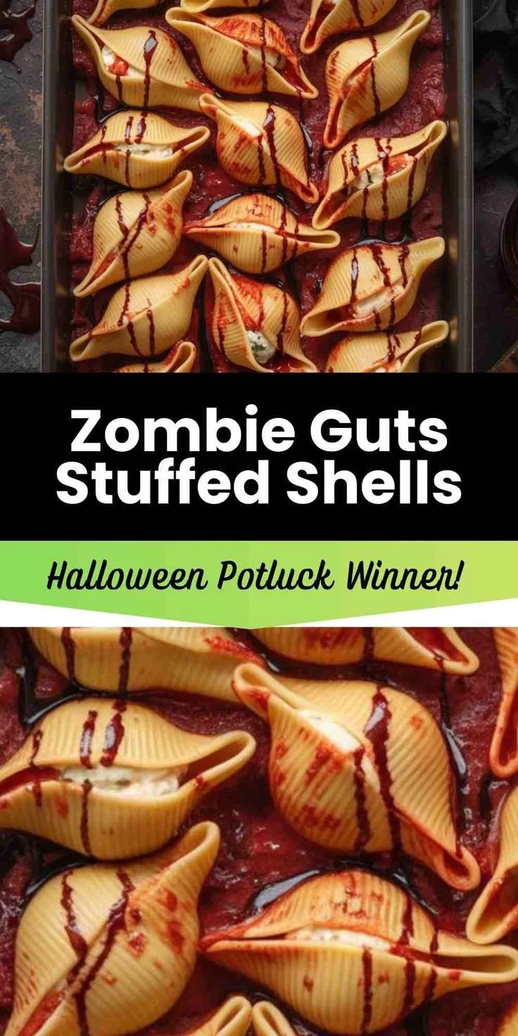 Zombie Guts Stuffed Shells for a Halloween potluck, featuring spooky presentation and delicious flavors.